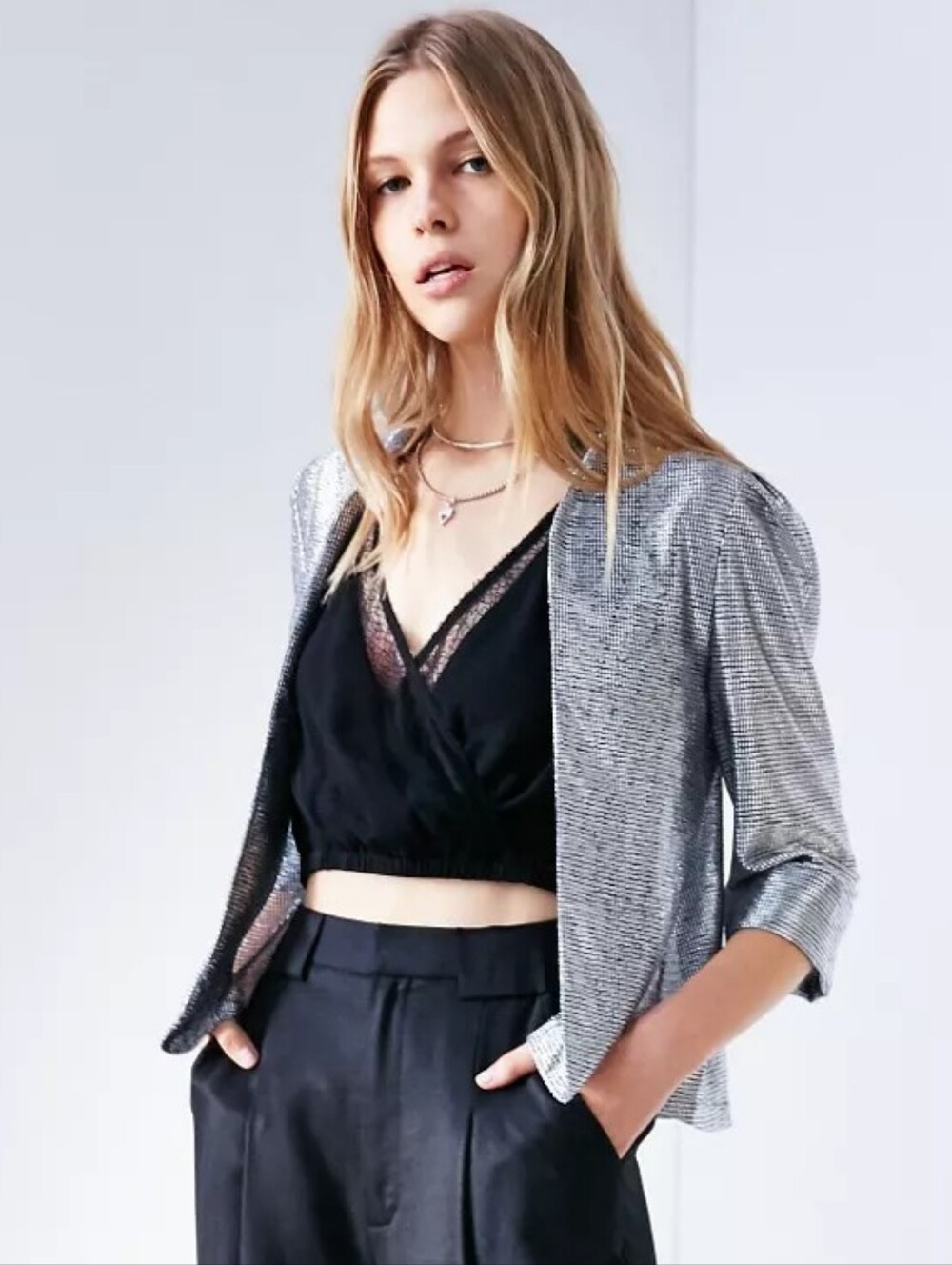 UO Kimchi Blue Sparkle Open-Front Stardust Silver Blazer Jacket XS